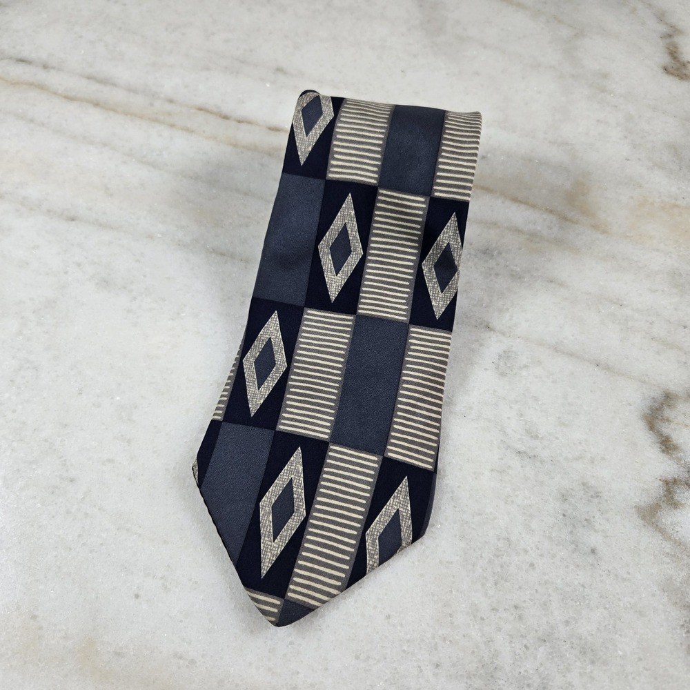 Zylos George Machado 100% Silk Tie Blue‎ Grey Geometric Diamond Art Deco Y2K